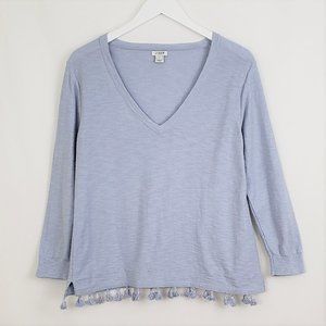 J.CREW Med Blue Tassel Hem Pullover Top V-Neck